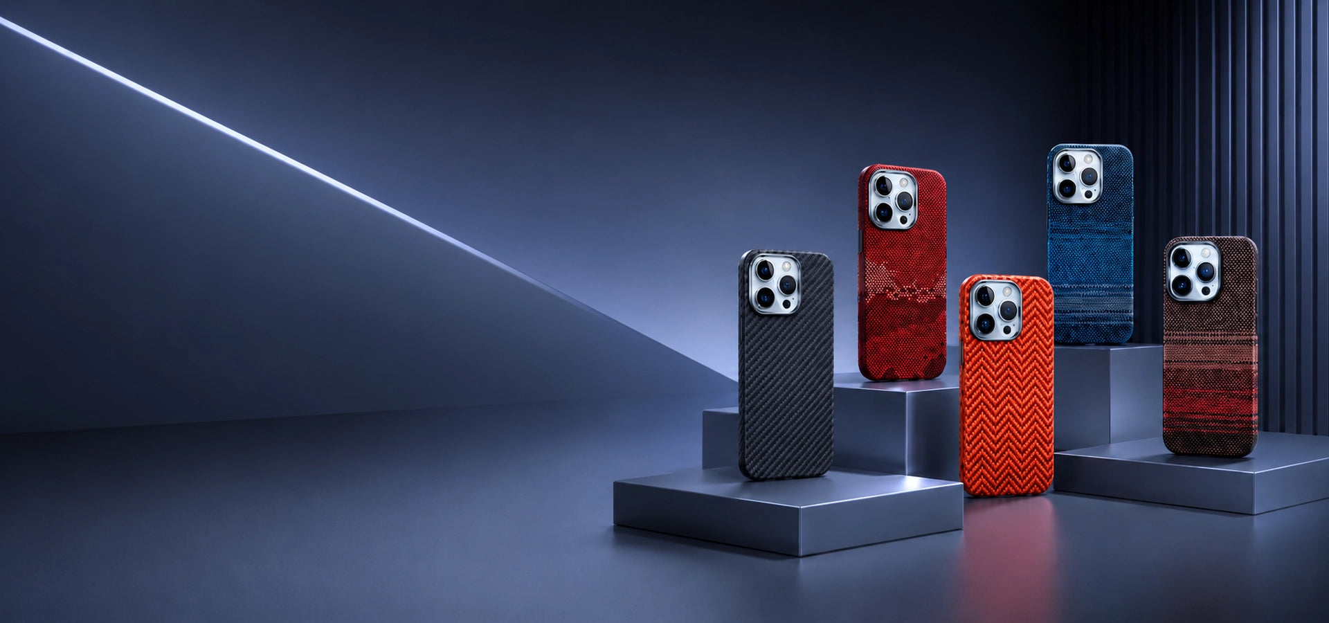 Five smartphone cases in different colors on stands against a dark background