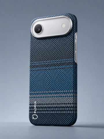 The iPhone Air is encased in a blue-grey aramid phone case.